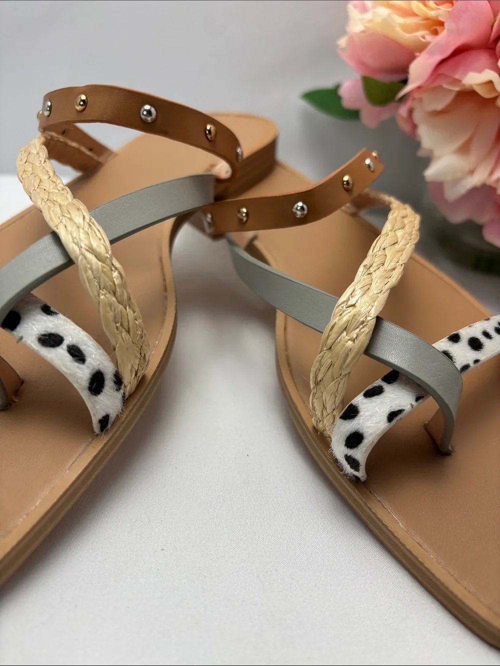ZBY Womens 8.5 Multi-Texture Leopard Studs Strappy Slide Sandals - Tan #473